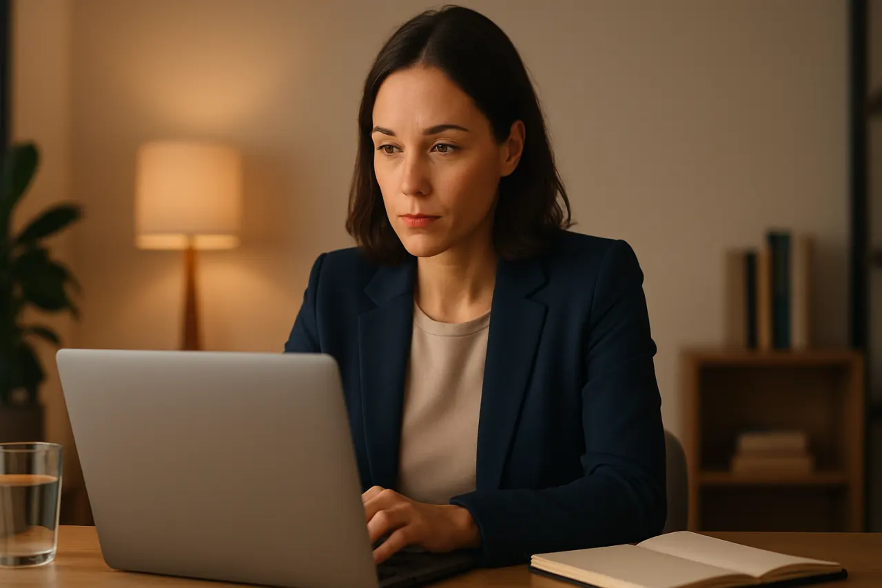 A compliance professional studying for their certification exam on a laptop